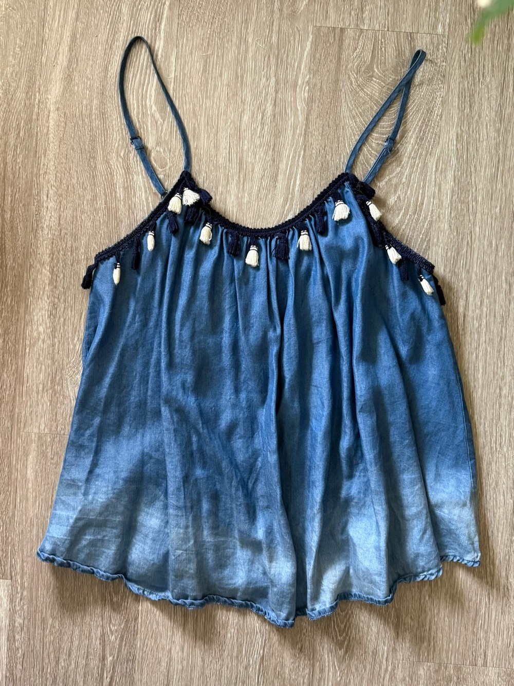 JACHS Girlfriend Blue Chambray Tassel Trim Cami Tank Top